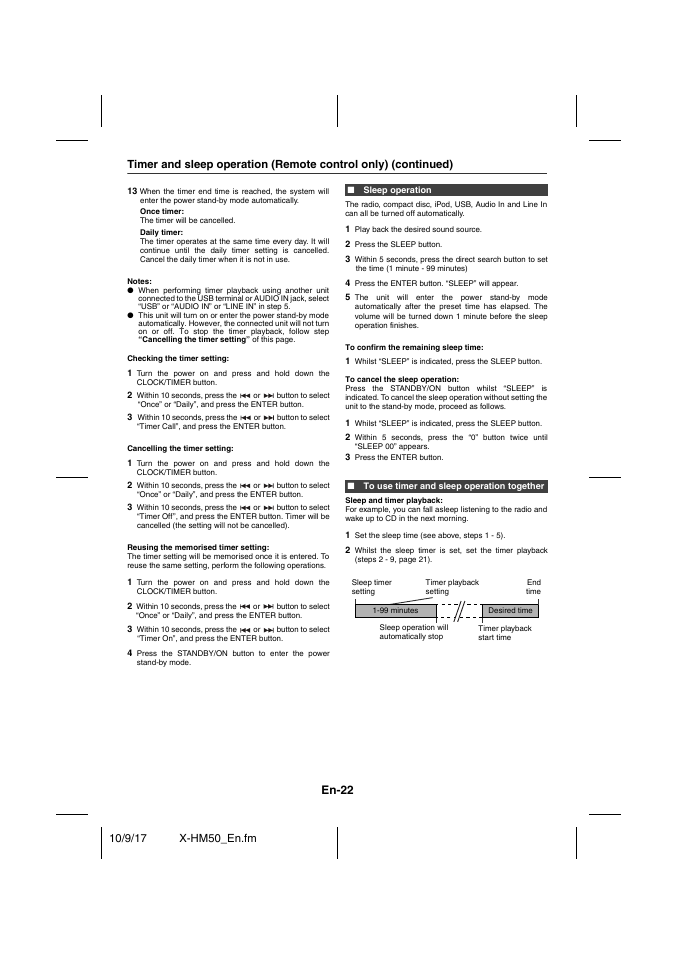 Sleep operation, To use timer and sleep operation together, En-22 | Pioneer X-HM50-S User Manual | Page 22 / 76