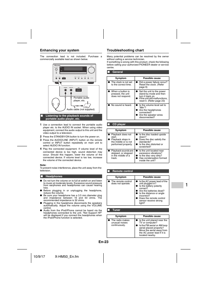 Enhancing your system, Headphones, Troubleshooting chart | General, Cd player, Remote control, Tuner, Troubleshooting chart - 24, En-23 | Pioneer X-HM50-S User Manual | Page 23 / 76