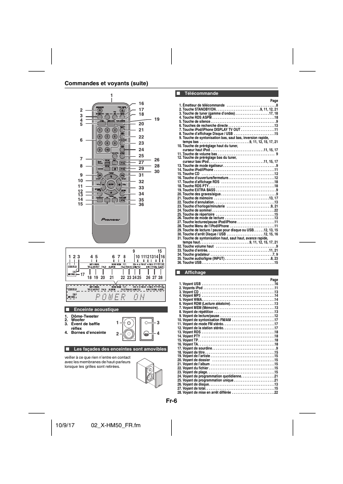 Commandes et voyants (suite), Enceinte acoustique, Les façades des enceintes sont amovibles | Télécommande, Émetteur de télécommande 8, Touche standby/on 9, 11, 12, 21, Touche de tuner (gamme d’ondes) 17, 18, Touche rds aspm 18, Touche de silence 9, Touches de recherche directe 13 | Pioneer X-HM50-S User Manual | Page 30 / 76