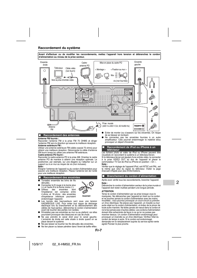 Raccordement du système, Raccordement des antennes, Raccordement des enceintes | Raccordement de ipod ou iphone à un téléviseur, Branchement du cordon d’alimentation, Raccordement du système - 8, Fr-7 | Pioneer X-HM50-S User Manual | Page 31 / 76