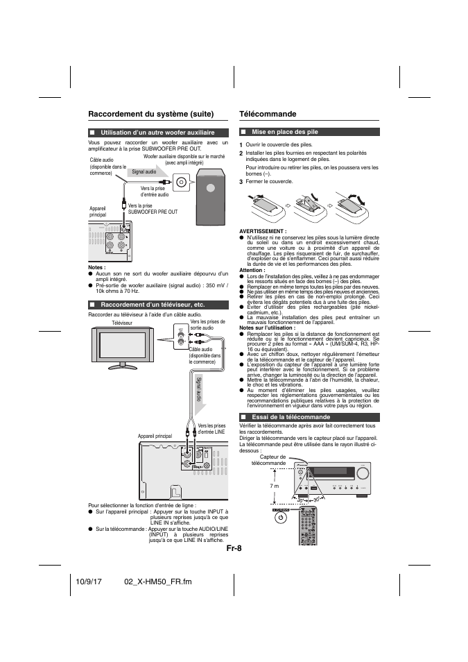 Raccordement du système (suite), Utilisation d’un autre woofer auxiliaire, Raccordement d’un téléviseur, etc | Raccorder au téléviseur à l’aide d’un câble audio, Télécommande, Mise en place des pile, Essai de la télécommande, Fr-8 | Pioneer X-HM50-S User Manual | Page 32 / 76