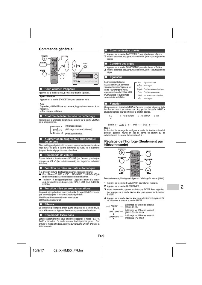 Commande générale, Pour allumer l’appareil, Contrôle de la luminosité de l’affichage | Augmentation progressive automatique du volume, Commande de volume, Fonction de mise en route automatique, Fonction mise en arrêt automatique, Ipod/iphone: non connecté ou en mode pause, Cd/usb: en mode d’arrêt, Silence | Pioneer X-HM50-S User Manual | Page 33 / 76