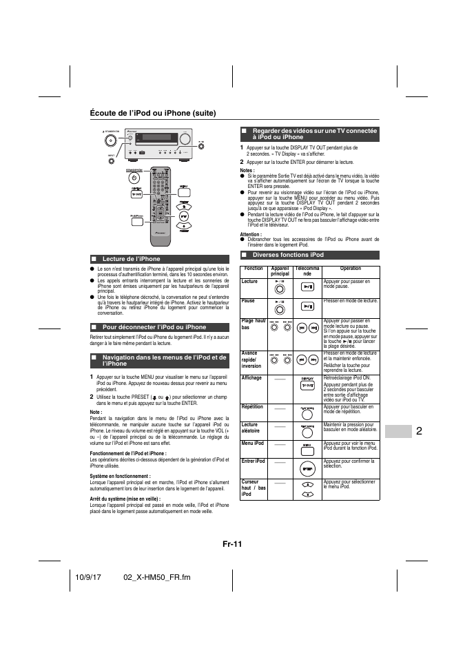 Écoute de l’ipod ou iphone (suite), Lecture de l’iphone, Pour déconnecter l’ipod ou iphone | Navigation dans les menus de l’ipod et de l’iphone, Diverses fonctions ipod, Fr-11 | Pioneer X-HM50-S User Manual | Page 35 / 76