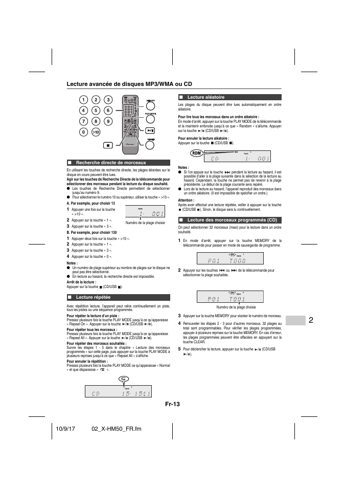 Lecture avancée de disques mp3/wma ou cd, Recherche directe de morceaux, Lecture répétée | Lecture aléatoire, Lecture des morceaux programmés (cd), Lecture avancée de disques mp3/wma ou cd - 14, Fr-13 | Pioneer X-HM50-S User Manual | Page 37 / 76