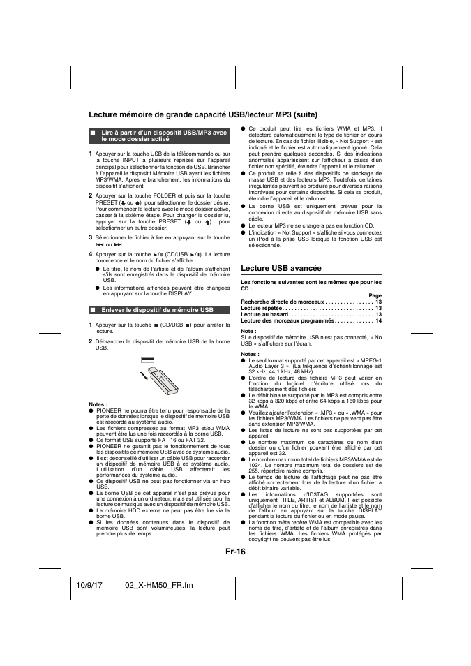 Enlever le dispositif de mémoire usb, Lecture usb avancée, Recherche directe de morceaux 13 | Lecture répétée 13, Lecture au hasard 13, Lecture des morceaux programmés 14, Fr-16 | Pioneer X-HM50-S User Manual | Page 40 / 76