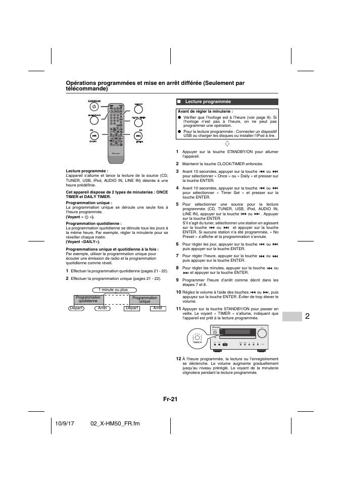 Programmations unique et quotidienne à la fois, Lecture programmée, Fr-21 | Pioneer X-HM50-S User Manual | Page 45 / 76