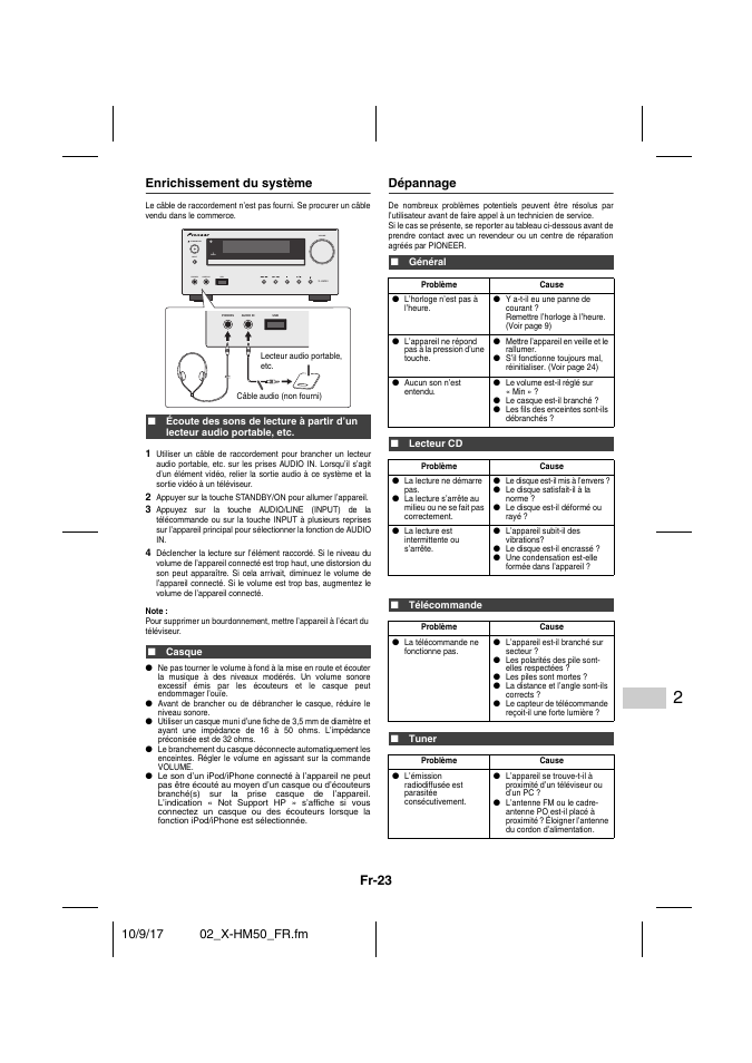 Enrichissement du système, Casque, Dépannage | Général, Lecteur cd, Télécommande, Tuner, Dépannage - 24, Fr-23 | Pioneer X-HM50-S User Manual | Page 47 / 76