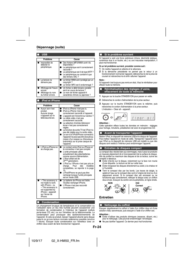 Dépannage (suite), Ipod et iphone, Condensation | Si le problème survient, Avant de transporter l’appareil, Entretien de disques compact, Entretien, Nettoyage du coffret, Fr-24 | Pioneer X-HM50-S User Manual | Page 48 / 76