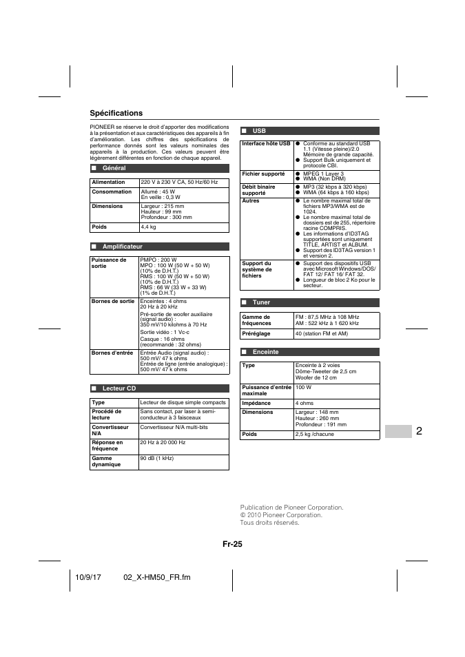 Spécifications, Général, Amplificateur | Lecteur cd, Tuner, Enceinte, Fr-25 | Pioneer X-HM50-S User Manual | Page 49 / 76