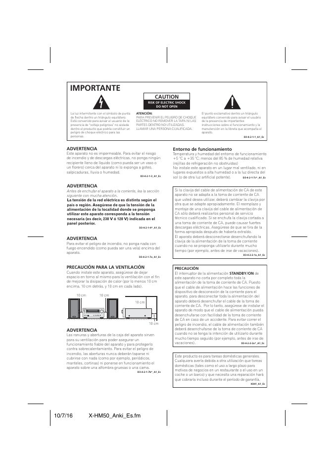 Importante, Caution | Pioneer X-HM50-S User Manual | Page 50 / 76