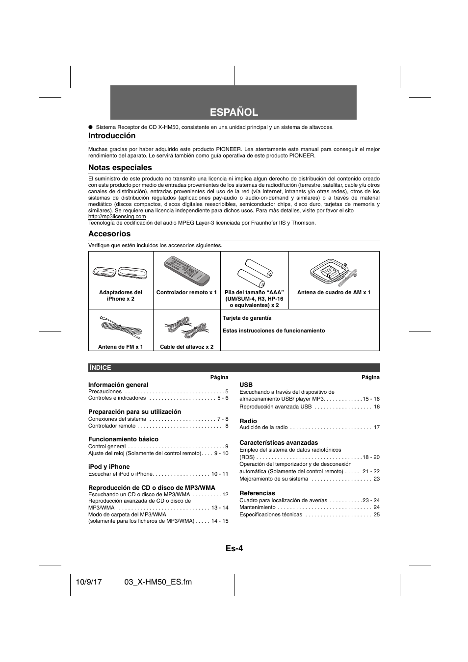 Índice, Español, Sistema receptor de cd | Manual de instrucciones, Es-4 | Pioneer X-HM50-S User Manual | Page 52 / 76