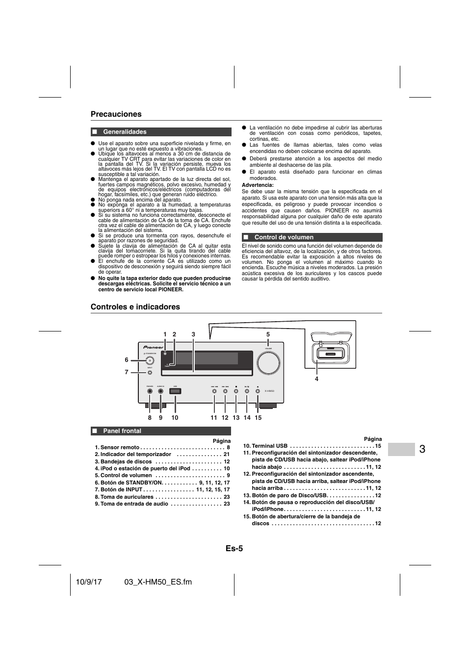 Precauciones, Generalidades, Control de volumen | Controles e indicadores, Panel frontal, Sensor remoto 8, Indicador del temporizador 21, Bandejas de discos 12, Ipod o estación de puerto del ipod 10, Control de volumen 9 | Pioneer X-HM50-S User Manual | Page 53 / 76