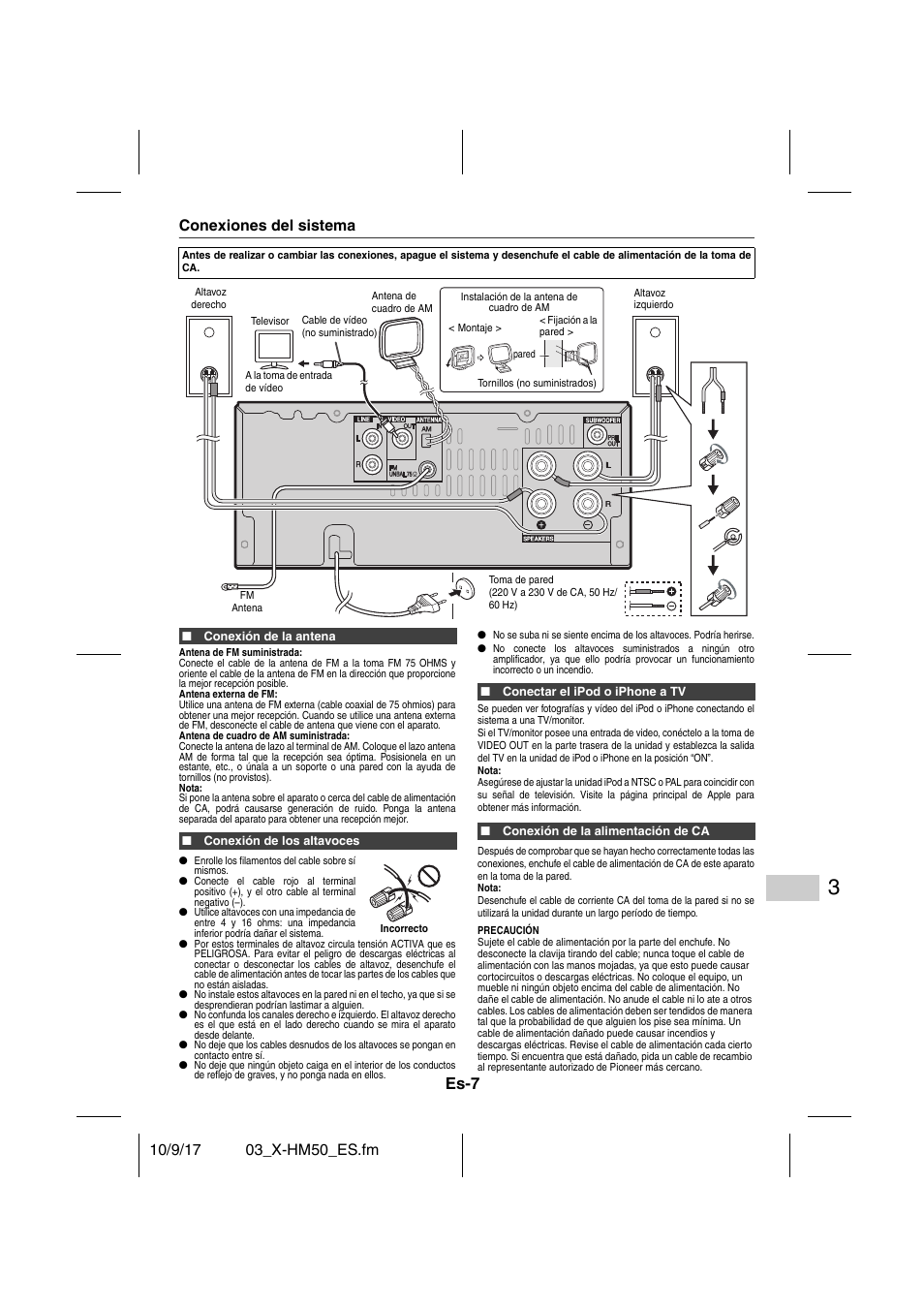 Conexiones del sistema, Conexión de la antena, Conexión de los altavoces | Conectar el ipod o iphone a tv, Conexión de la alimentación de ca, Conexiones del sistema - 8, Es-7 | Pioneer X-HM50-S User Manual | Page 55 / 76
