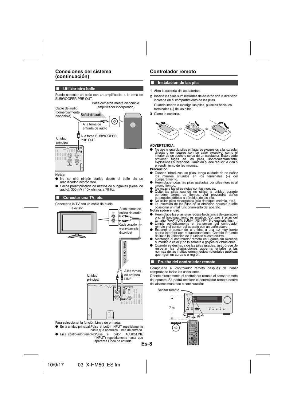 Conexiones del sistema (continuación), Utilizar otro bafle, Conectar una tv, etc | Conectar a la tv con un cable de audio, Controlador remoto, Instalación de las pila, Prueba del controlador remoto, Es-8 | Pioneer X-HM50-S User Manual | Page 56 / 76