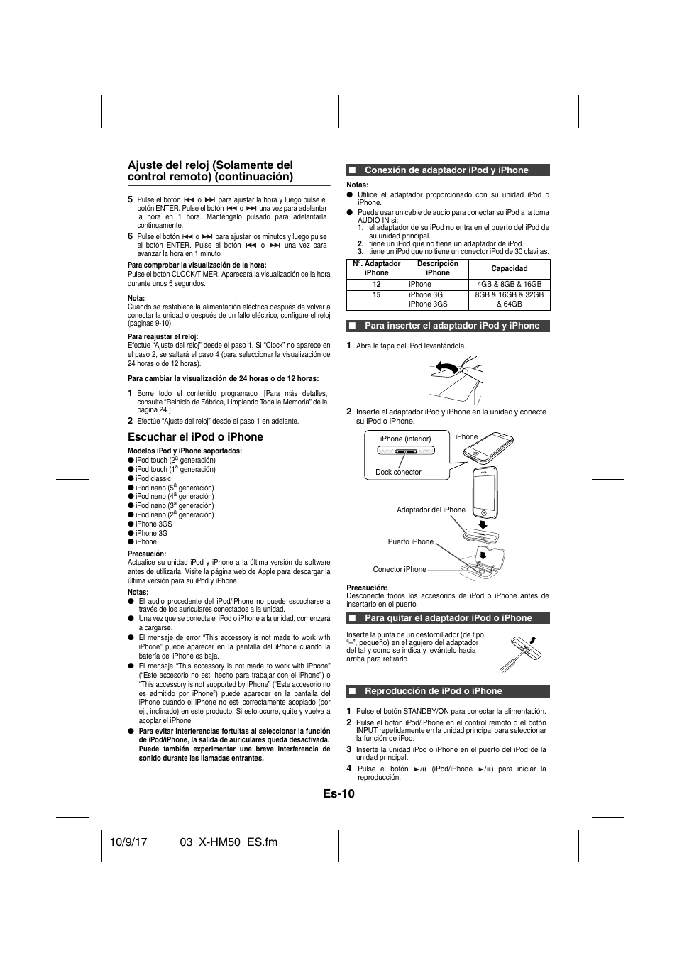 Para comprobar la visualización de la hora, Escuchar el ipod o iphone, Conexión de adaptador ipod y iphone | Notas, Tiene un ipod que no tiene un adaptador de ipod, Para inserter el adaptador ipod y iphone, Para quitar el adaptador ipod o iphone, Reproducción de ipod o iphone, Escuchar el ipod o iphone - 11, Es-10 | Pioneer X-HM50-S User Manual | Page 58 / 76