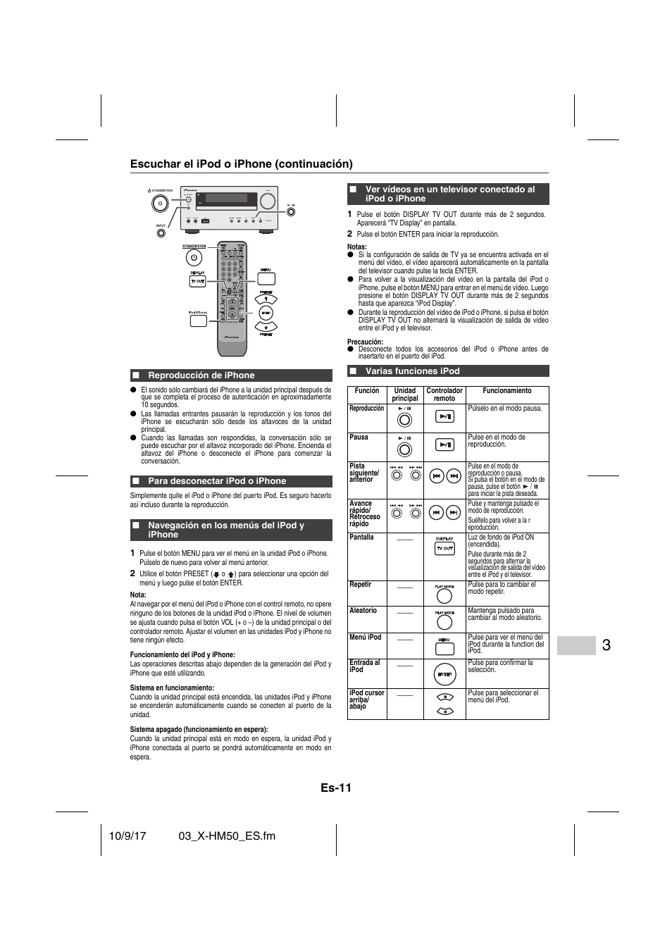 Escuchar el ipod o iphone (continuación), Reproducción de iphone, Para desconectar ipod o iphone | Navegación en los menús del ipod y iphone, Varias funciones ipod, Es-11 | Pioneer X-HM50-S User Manual | Page 59 / 76