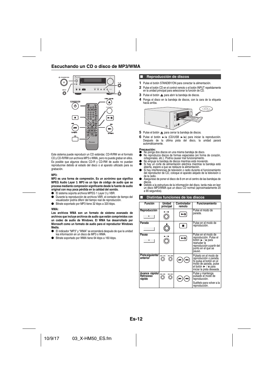 Escuchando un cd o disco de mp3/wma, Reproducción de discos, Distintas funciones de los discos | Es-12 | Pioneer X-HM50-S User Manual | Page 60 / 76