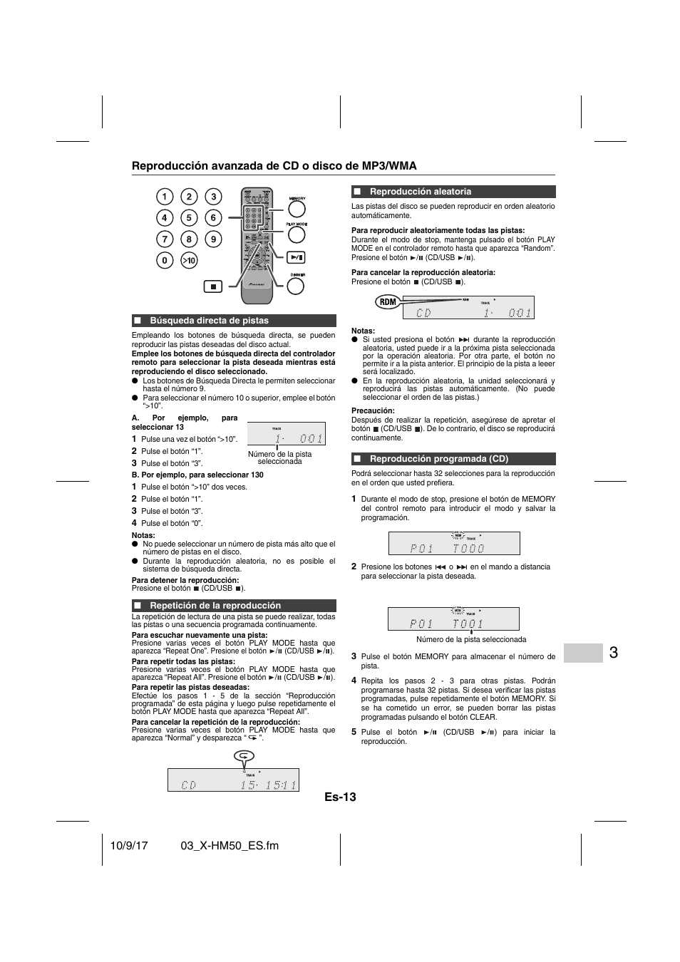 Reproducción avanzada de cd o disco de mp3/wma, Búsqueda directa de pistas, Repetición de la reproducción | Reproducción aleatoria, Reproducción programada (cd), Es-13 | Pioneer X-HM50-S User Manual | Page 61 / 76