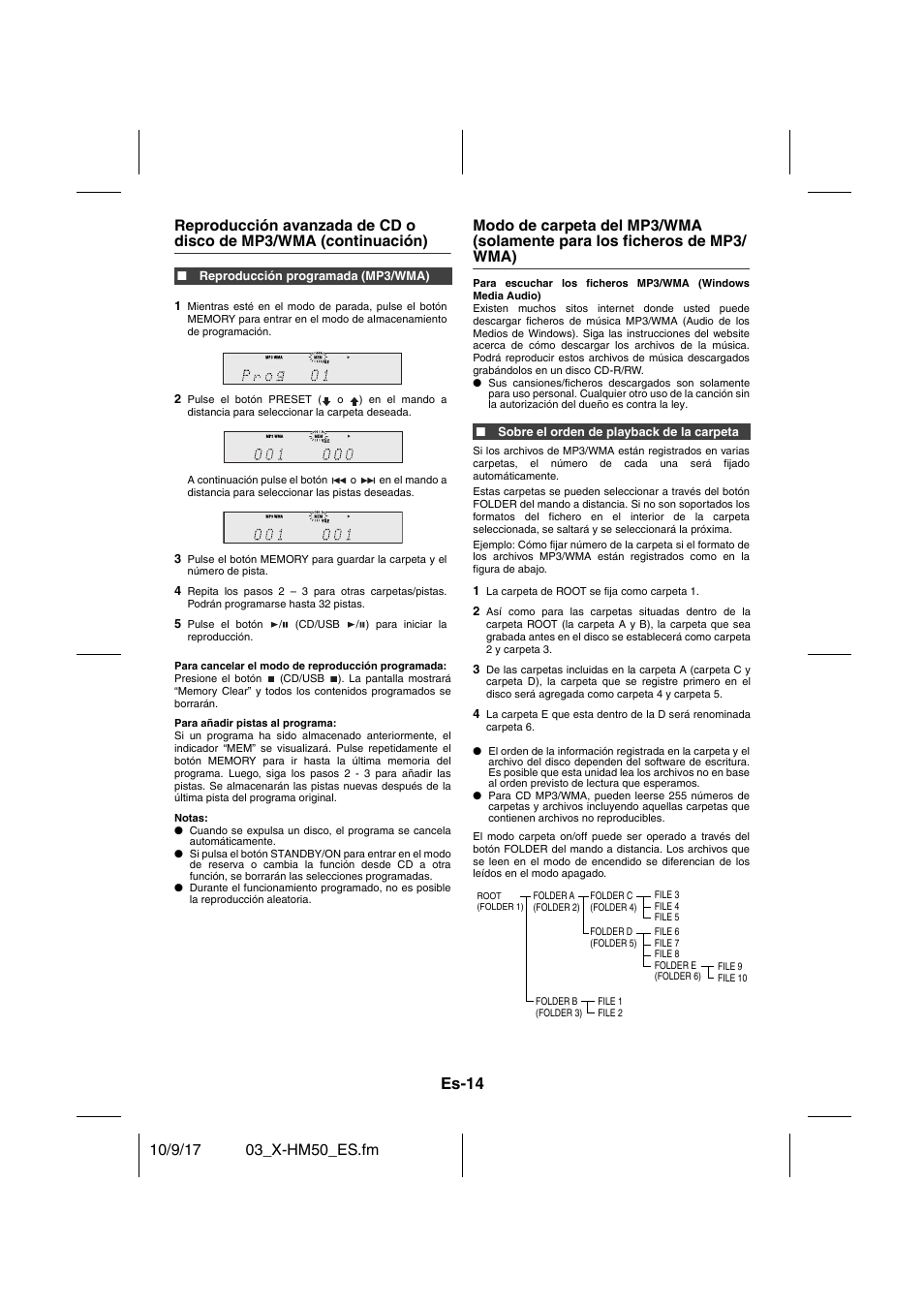Reproducción programada (mp3/wma), Sobre el orden de playback de la carpeta, Es-14 | Pioneer X-HM50-S User Manual | Page 62 / 76