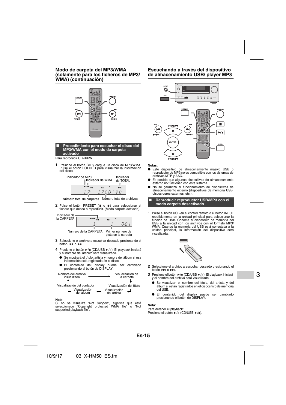 Presione el botón / (cd/usb /), Es-15 | Pioneer X-HM50-S User Manual | Page 63 / 76
