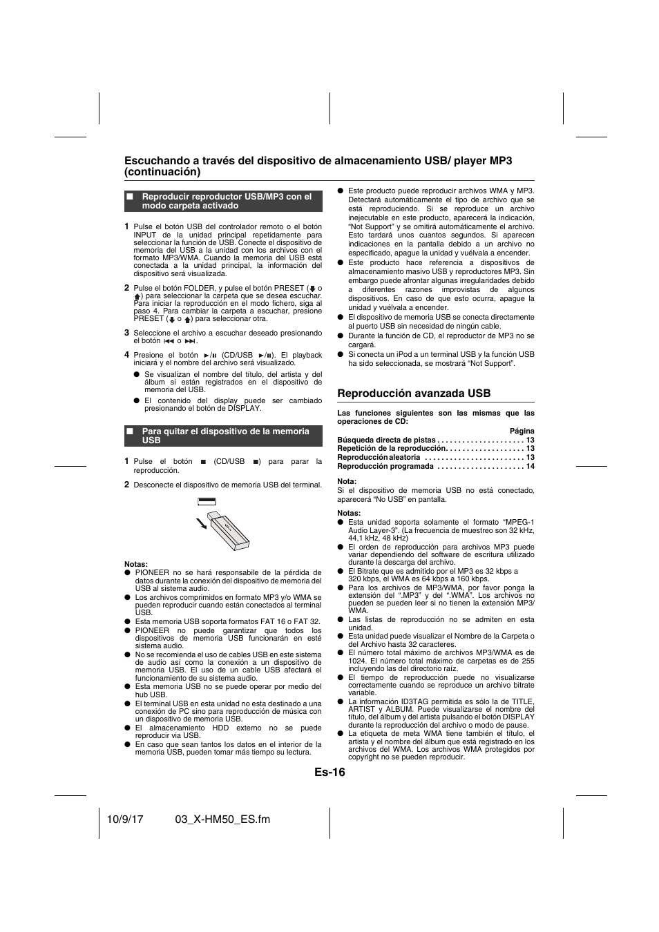 Para quitar el dispositivo de la memoria usb, Reproducción avanzada usb, Búsqueda directa de pistas 13 | Repetición de la reproducción 13, Reproducción aleatoria 13, Reproducción programada 14, Es-16 | Pioneer X-HM50-S User Manual | Page 64 / 76