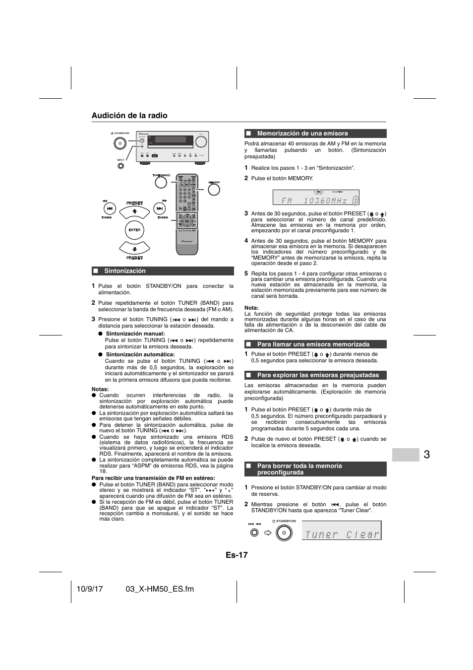 Audición de la radio, Sintonización, Memorización de una emisora | Para llamar una emisora memorizada, Para explorar las emisoras preajustadas, Para borrar toda la memoria preconfigurada, Es-17 | Pioneer X-HM50-S User Manual | Page 65 / 76