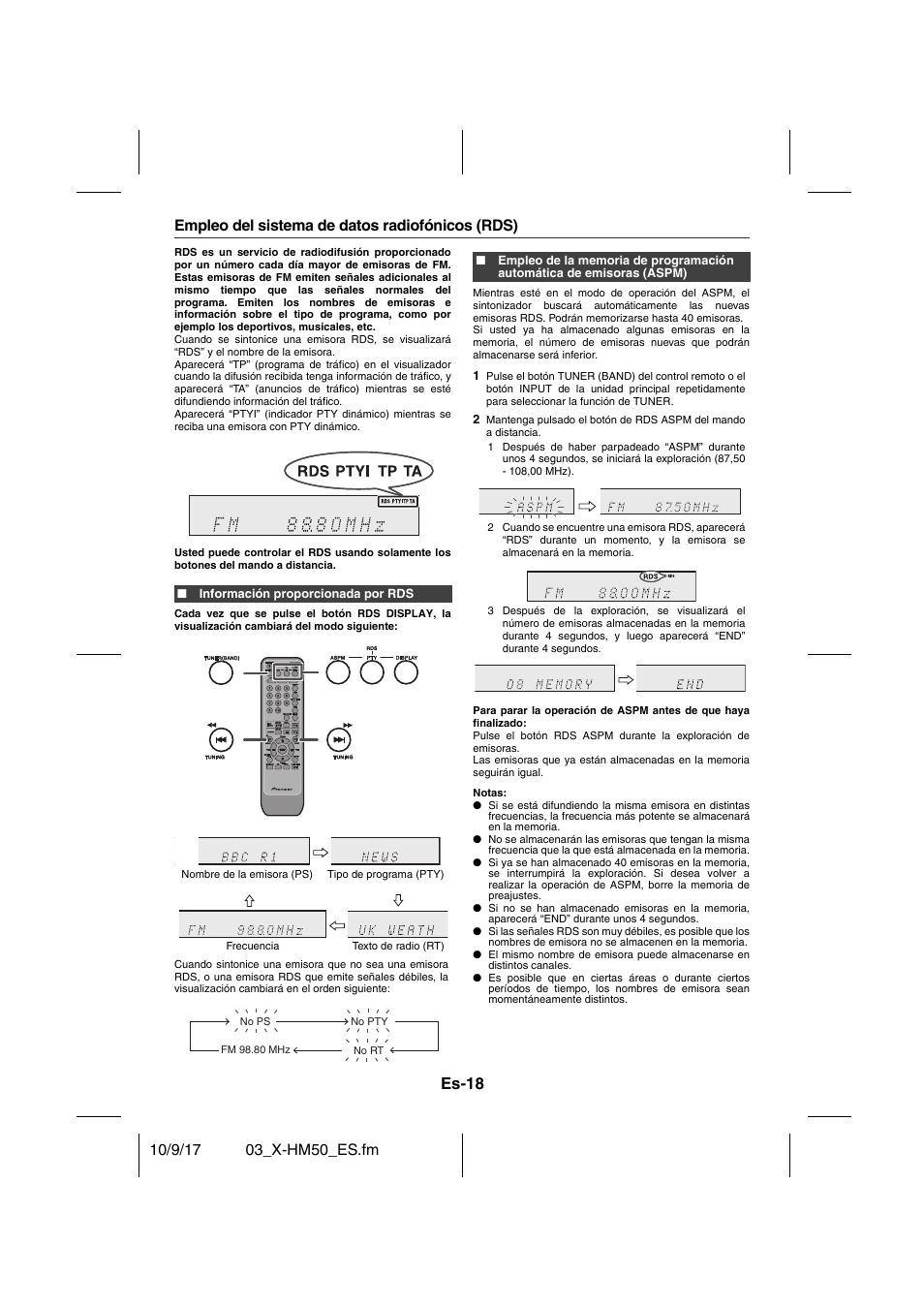 Información proporcionada por rds, Es-18, Empleo del sistema de datos radiofónicos (rds) | Pioneer X-HM50-S User Manual | Page 66 / 76