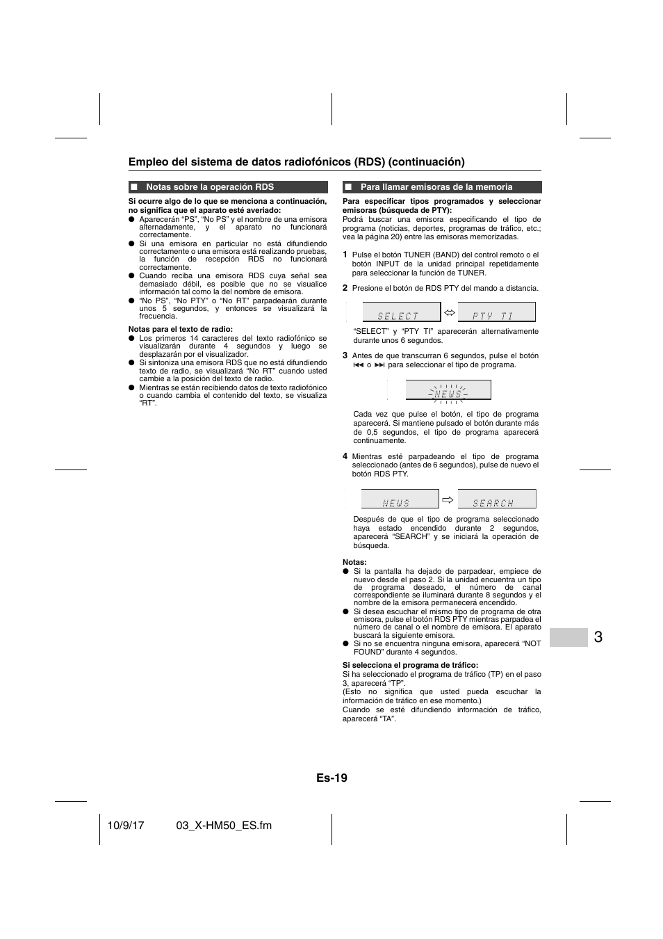 Notas sobre la operación rds, Para llamar emisoras de la memoria, Es-19 | Pioneer X-HM50-S User Manual | Page 67 / 76