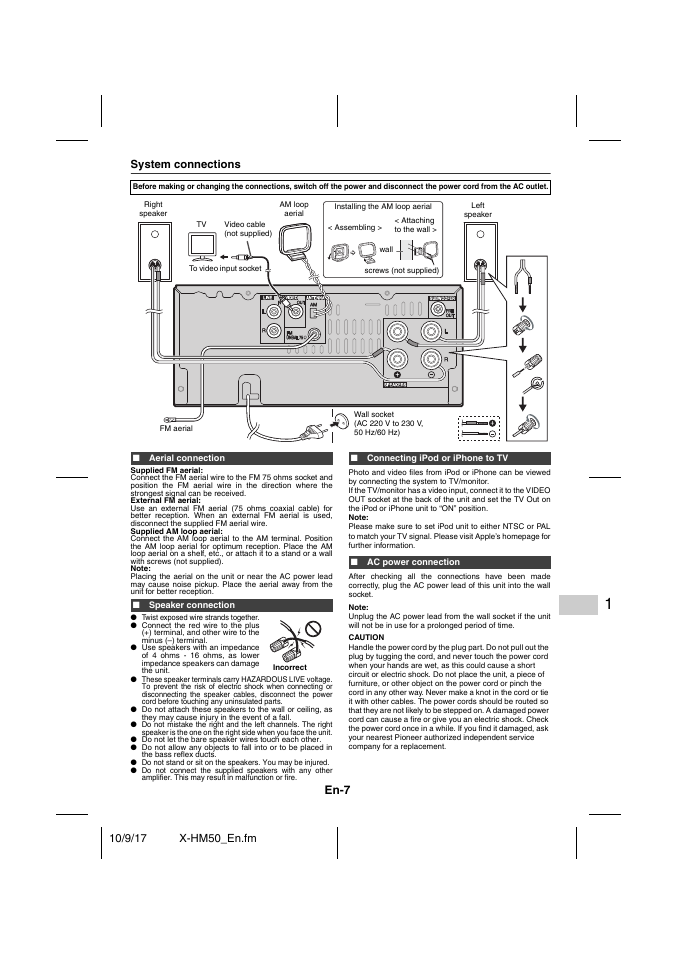 System connections, Aerial connection, Speaker connection | Connecting ipod or iphone to tv, Ac power connection, System connections - 8, En-7 | Pioneer X-HM50-S User Manual | Page 7 / 76