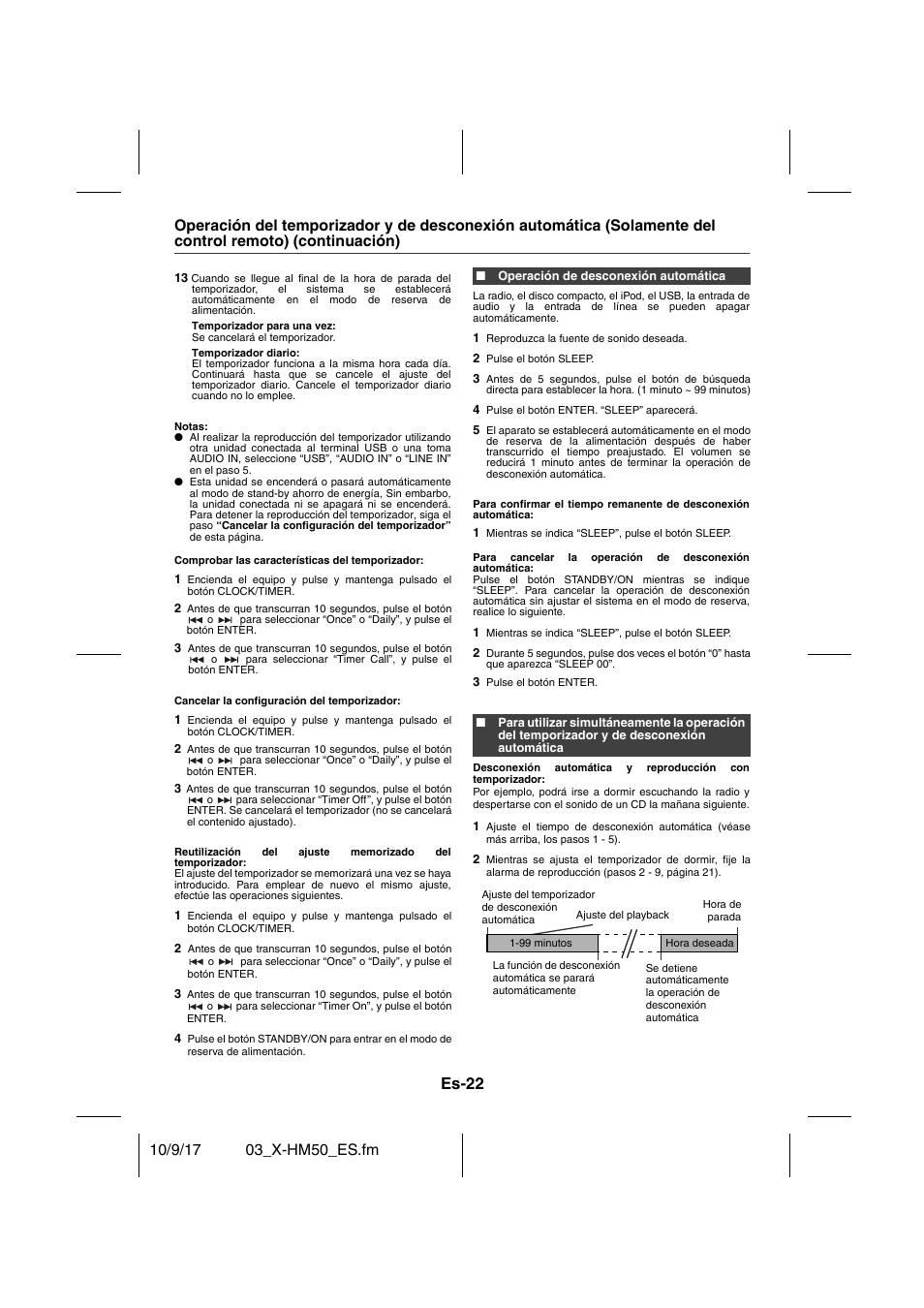 Operación de desconexión automática, Es-22 | Pioneer X-HM50-S User Manual | Page 70 / 76