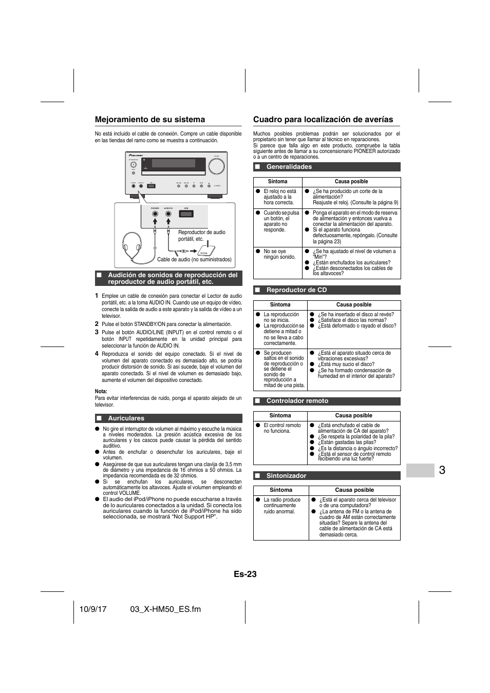 Mejoramiento de su sistema, Auriculares, Cuadro para localización de averías | Generalidades, Reproductor de cd, Controlador remoto, Sintonizador, Cuadro para localización de averías - 24, Es-23 | Pioneer X-HM50-S User Manual | Page 71 / 76