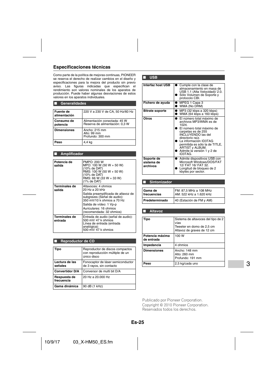Especificaciones técnicas, Generalidades, Amplificador | Reproductor de cd, Sintonizador, Altavoz, Es-25 | Pioneer X-HM50-S User Manual | Page 73 / 76