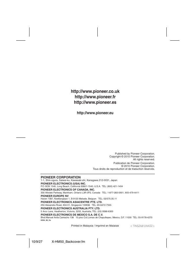 Pioneer X-HM50-S User Manual | Page 76 / 76