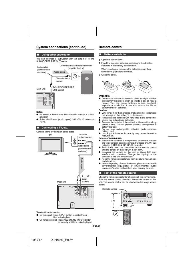 System connections (continued), Using other subwoofer, Connecting a tv, etc | Connect to the tv using an audio cable, Battery installation, Test of the remote control, Remote control, En-8 | Pioneer X-HM50-S User Manual | Page 8 / 76