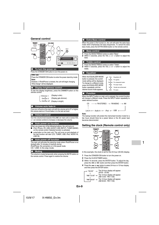 General control, To turn the power on, Display brightness control | Volume auto fade-in, Volume control, Auto power on function, Auto power off function, Muting, Extra-bass control, Bass control | Pioneer X-HM50-S User Manual | Page 9 / 76