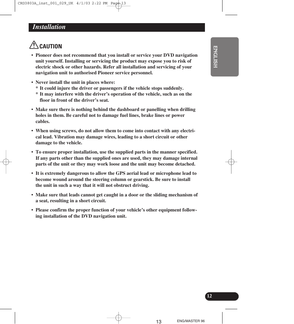 Installation, Caution | Pioneer AVIC900HVT User Manual | Page 13 / 172