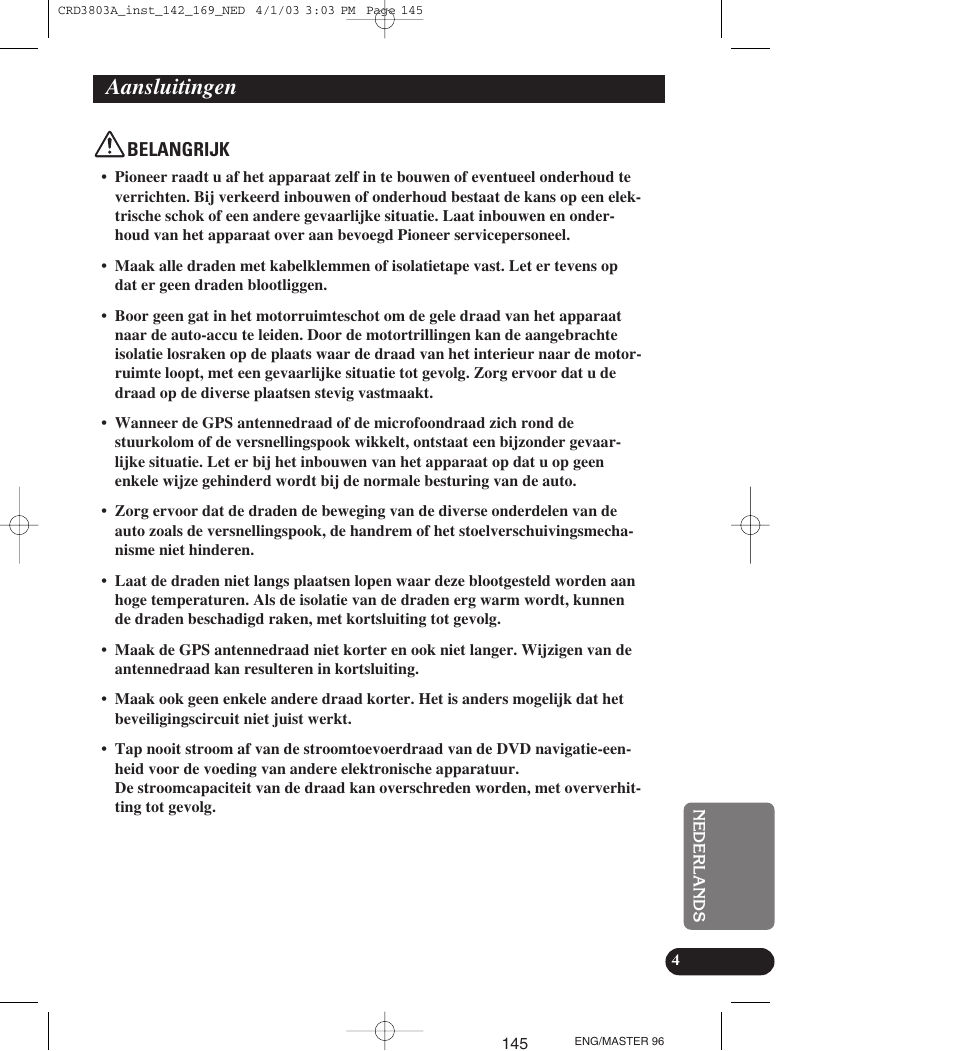 Aansluitingen, Belangrijk | Pioneer AVIC900HVT User Manual | Page 145 / 172