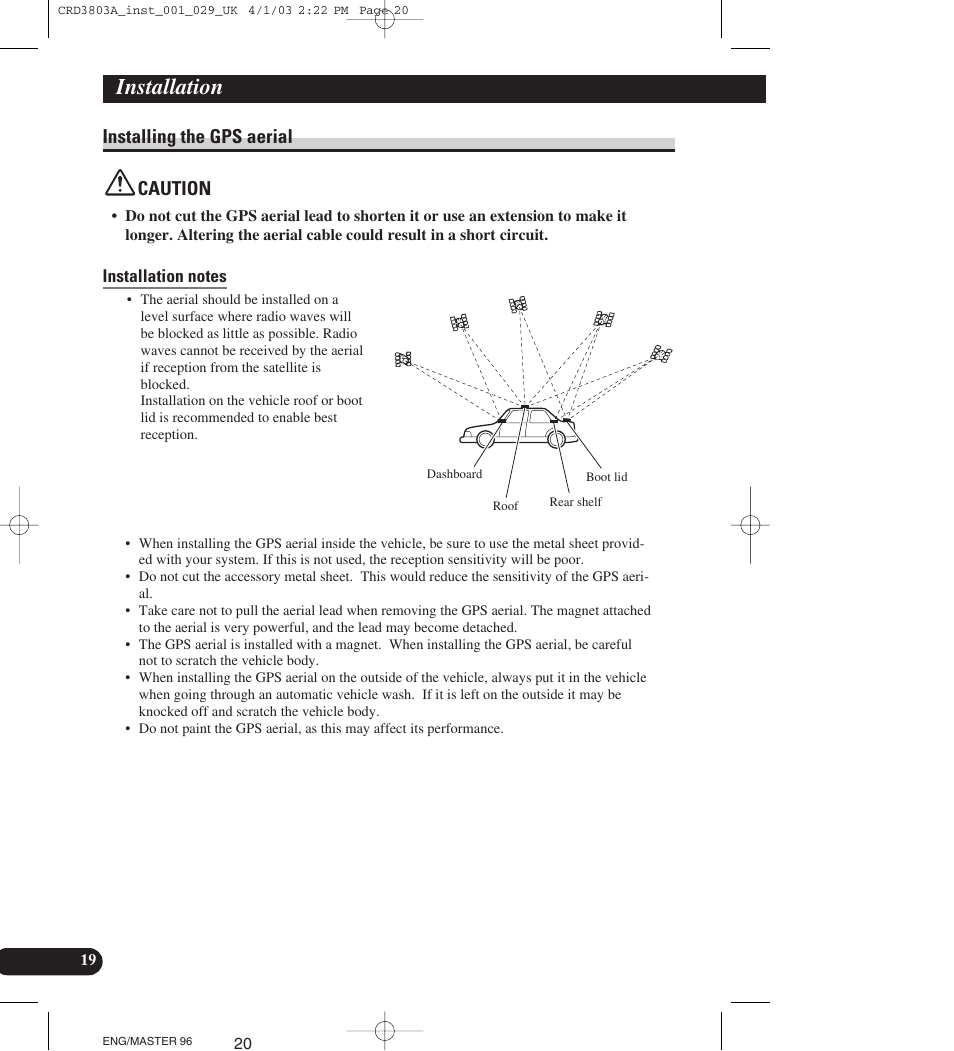 Installing the gps aerial, Caution, Installation notes | Installation, Installing the gps aerial caution | Pioneer AVIC900HVT User Manual | Page 20 / 172