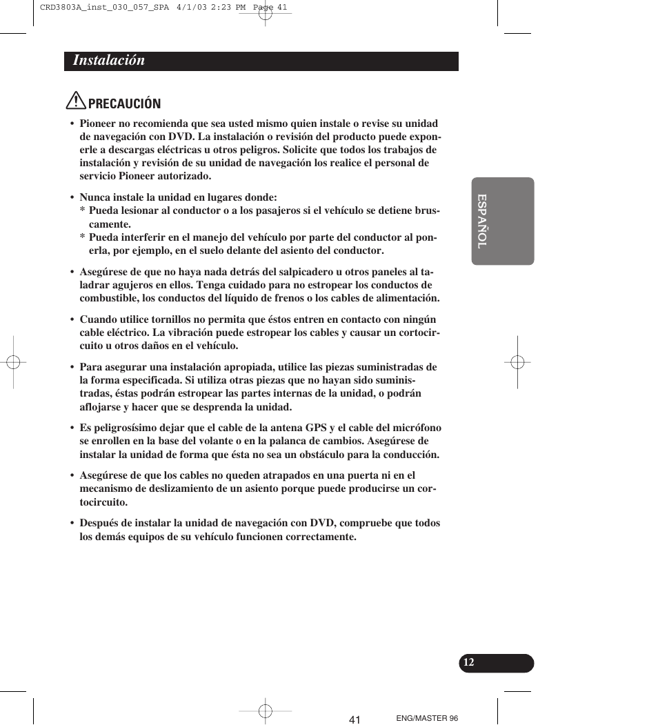 Instalación, Precaución | Pioneer AVIC900HVT User Manual | Page 41 / 172