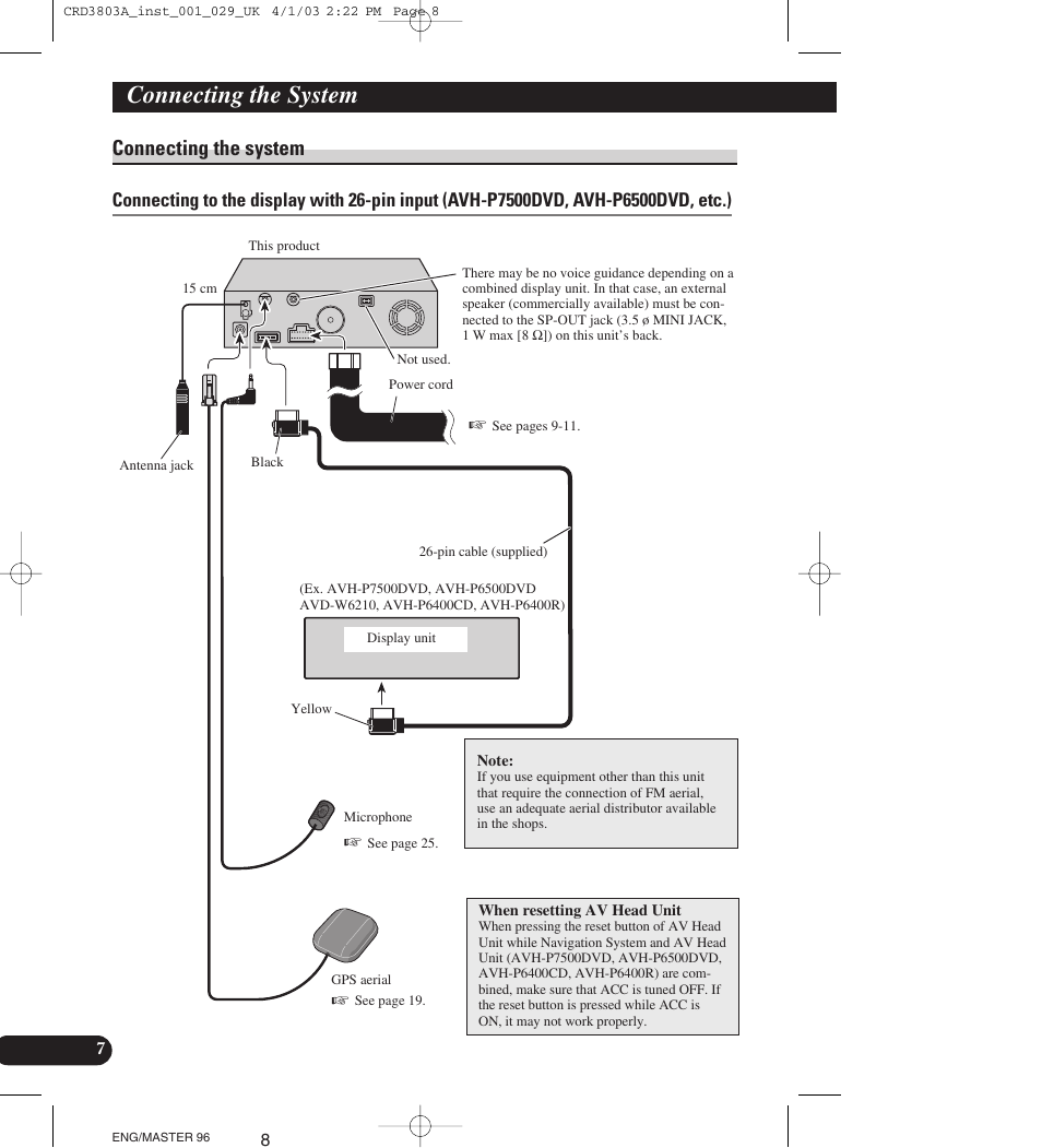 Connecting the system, Connecting to the display with 26-pin, Input | Avh-p7500dvd, avh-p6500dvd, etc.) | Pioneer AVIC900HVT User Manual | Page 8 / 172