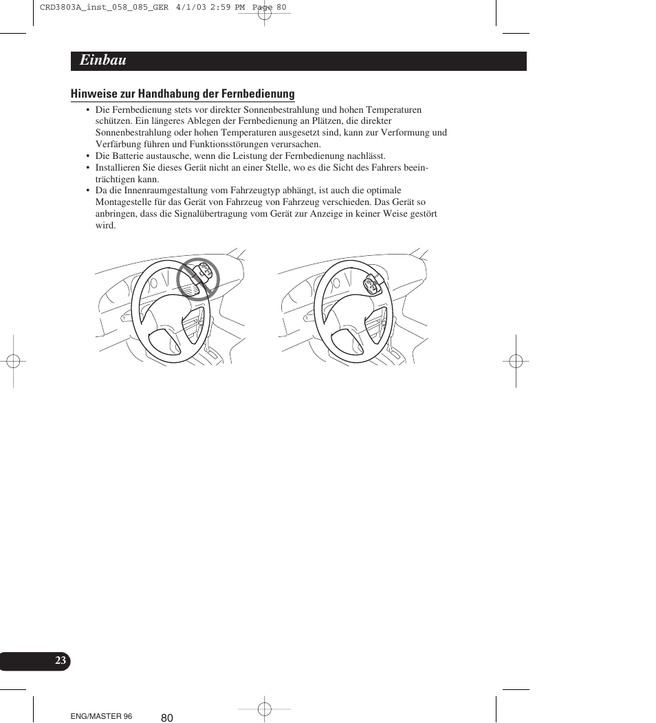 Hinweise zur handhabung der fernbedienung, Einbau | Pioneer AVIC900HVT User Manual | Page 80 / 172