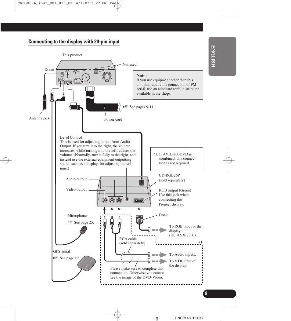 Connecting to the display with 20-pin input | Pioneer AVIC900HVT User Manual | Page 9 / 172