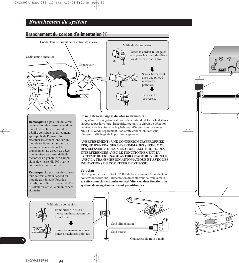 Branchement du cordon d’alimentation (1), Branchement du système | Pioneer AVIC900HVT User Manual | Page 94 / 172