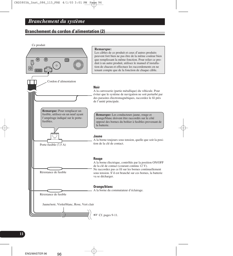 Branchement du cordon d’alimentation (2), Branchement du système | Pioneer AVIC900HVT User Manual | Page 96 / 172