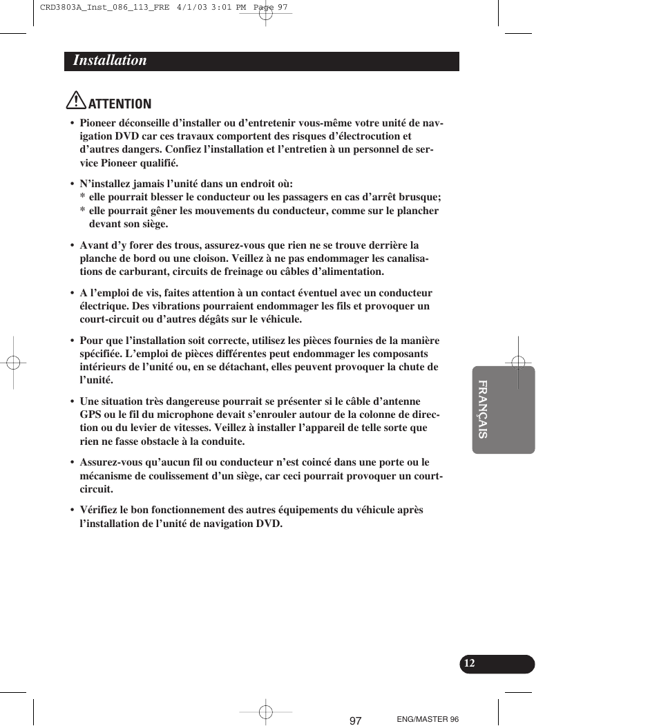 Installation, Attention | Pioneer AVIC900HVT User Manual | Page 97 / 172