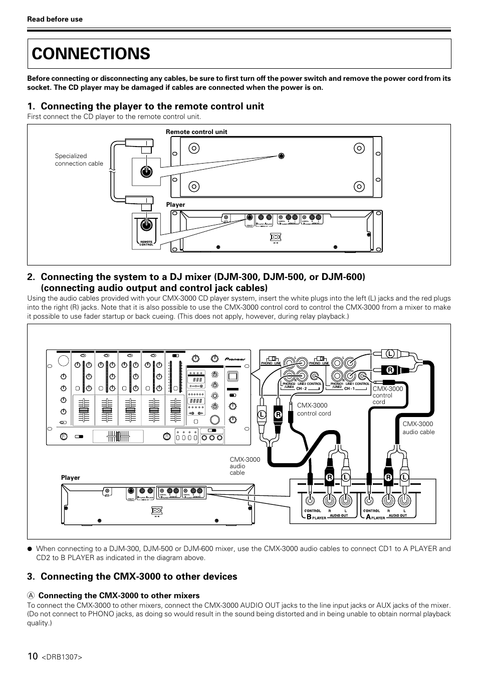 Connections, Connecting the player to the remote control unit, Connecting the cmx-3000 to other devices | A connecting the cmx-3000 to other mixers | Pioneer CMX-3000 User Manual | Page 10 / 20
