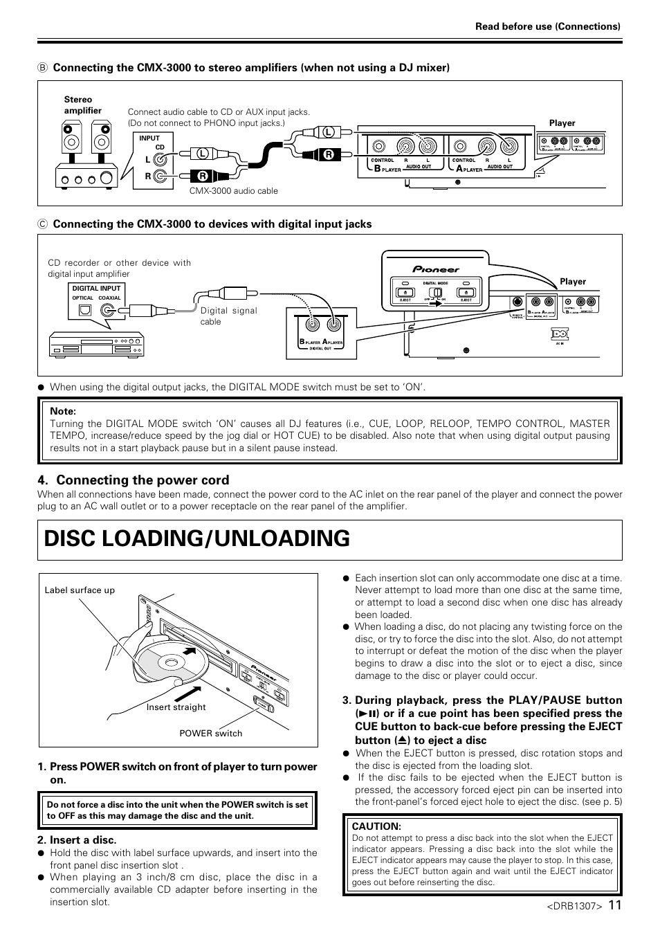 Disc loading/unloading, Connecting the power cord | Pioneer CMX-3000 User Manual | Page 11 / 20