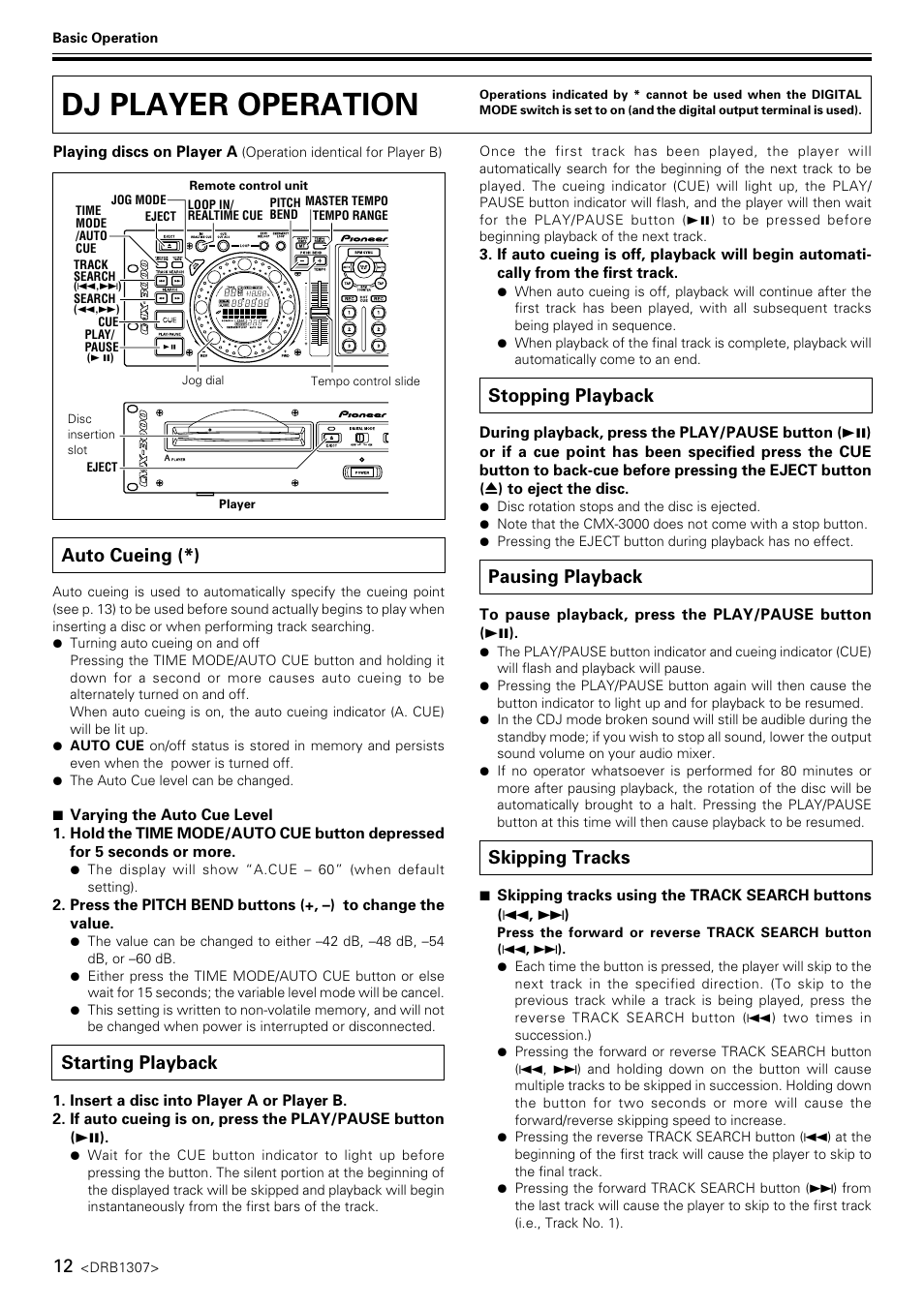 Dj player operation, Auto cueing, Starting playback | Stopping playback, Pausing playback, Skipping tracks, Auto cueing (*) | Pioneer CMX-3000 User Manual | Page 12 / 20