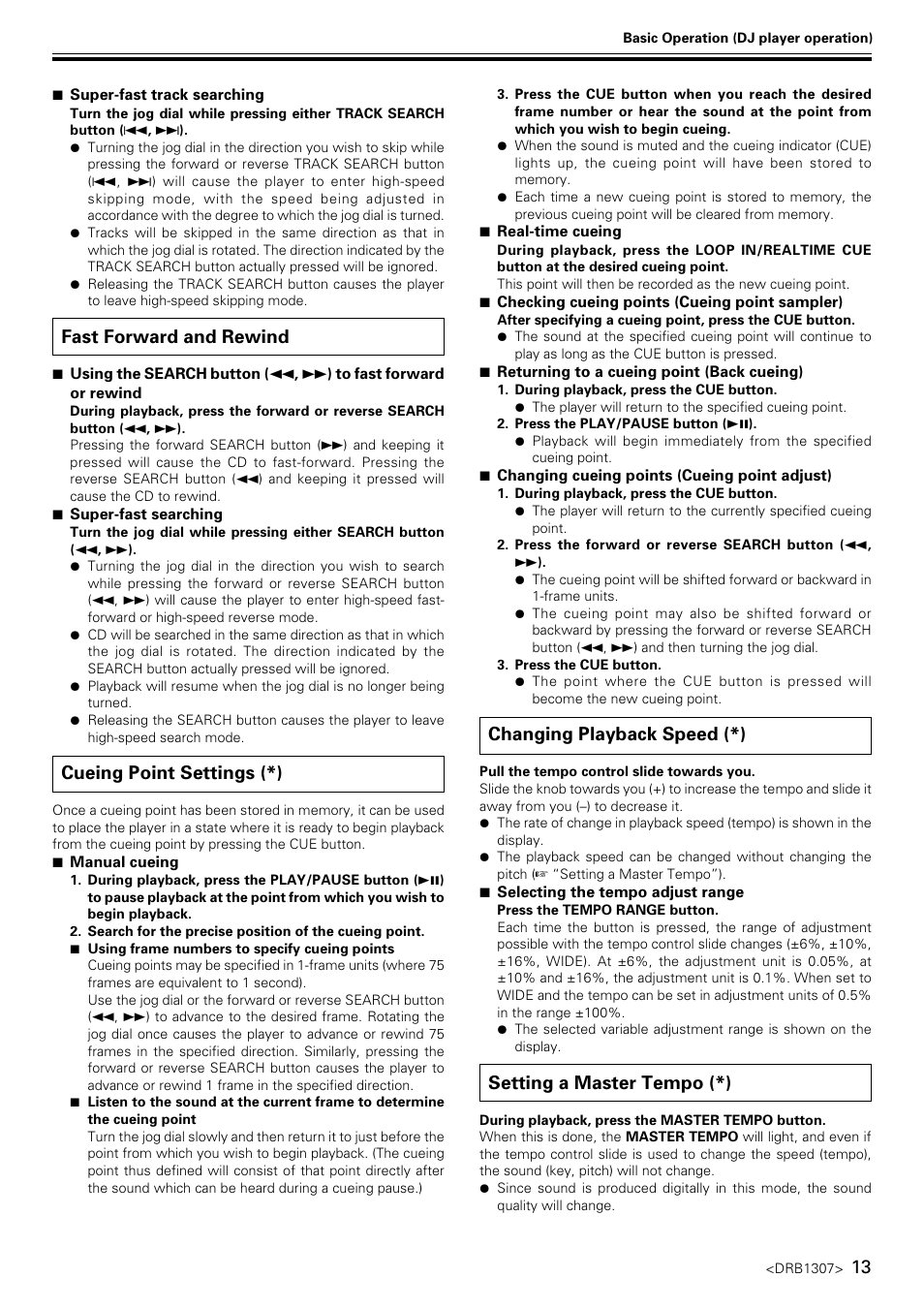 Fast forward and rewind, Cueing point settings, Changing playback speed | Setting a master tempo, Cueing point settings (*), Changing playback speed (*), Setting a master tempo (*) | Pioneer CMX-3000 User Manual | Page 13 / 20