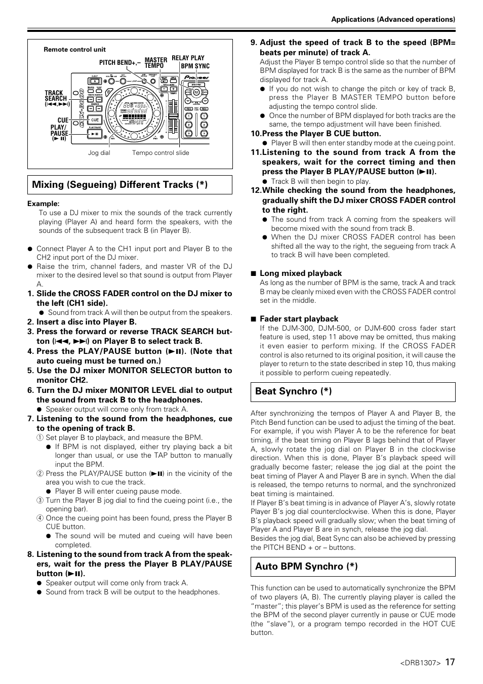 Mixing (segueing) different tracks, Beat synchro, Auto bpm synchro | 17 mixing (segueing) different tracks (*), Beat synchro (*), Auto bpm synchro (*) | Pioneer CMX-3000 User Manual | Page 17 / 20